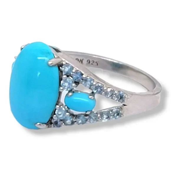 Platinum on Sterling Silver Oval Cabochon Sleep Beauty Turquoise Blue Topaz Ring - Picture 3 of 6